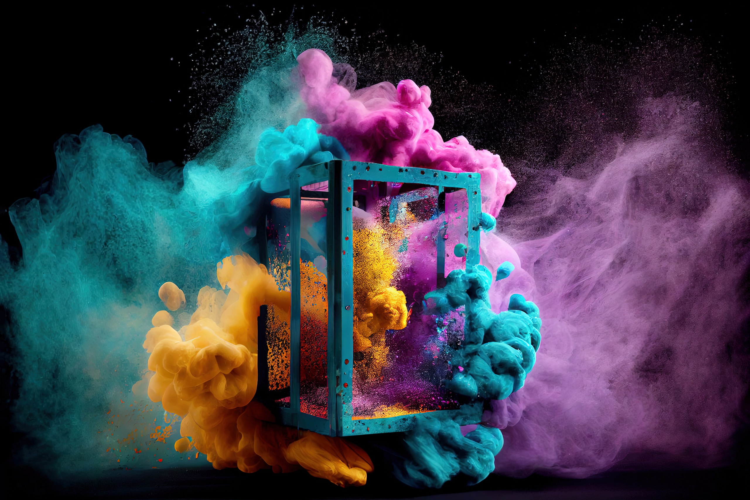 Colourful Holi powder explosions inside of a cage. Concept of idea in a cage