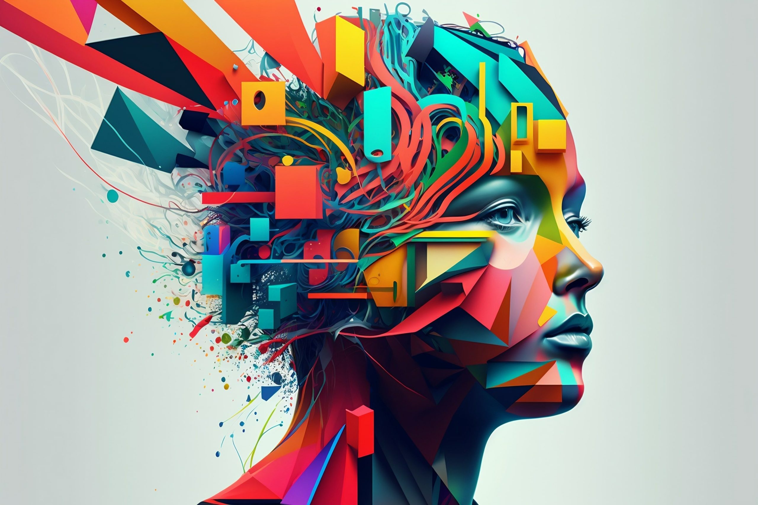 Colorful 3D collage illustration representing a person with a creative mind